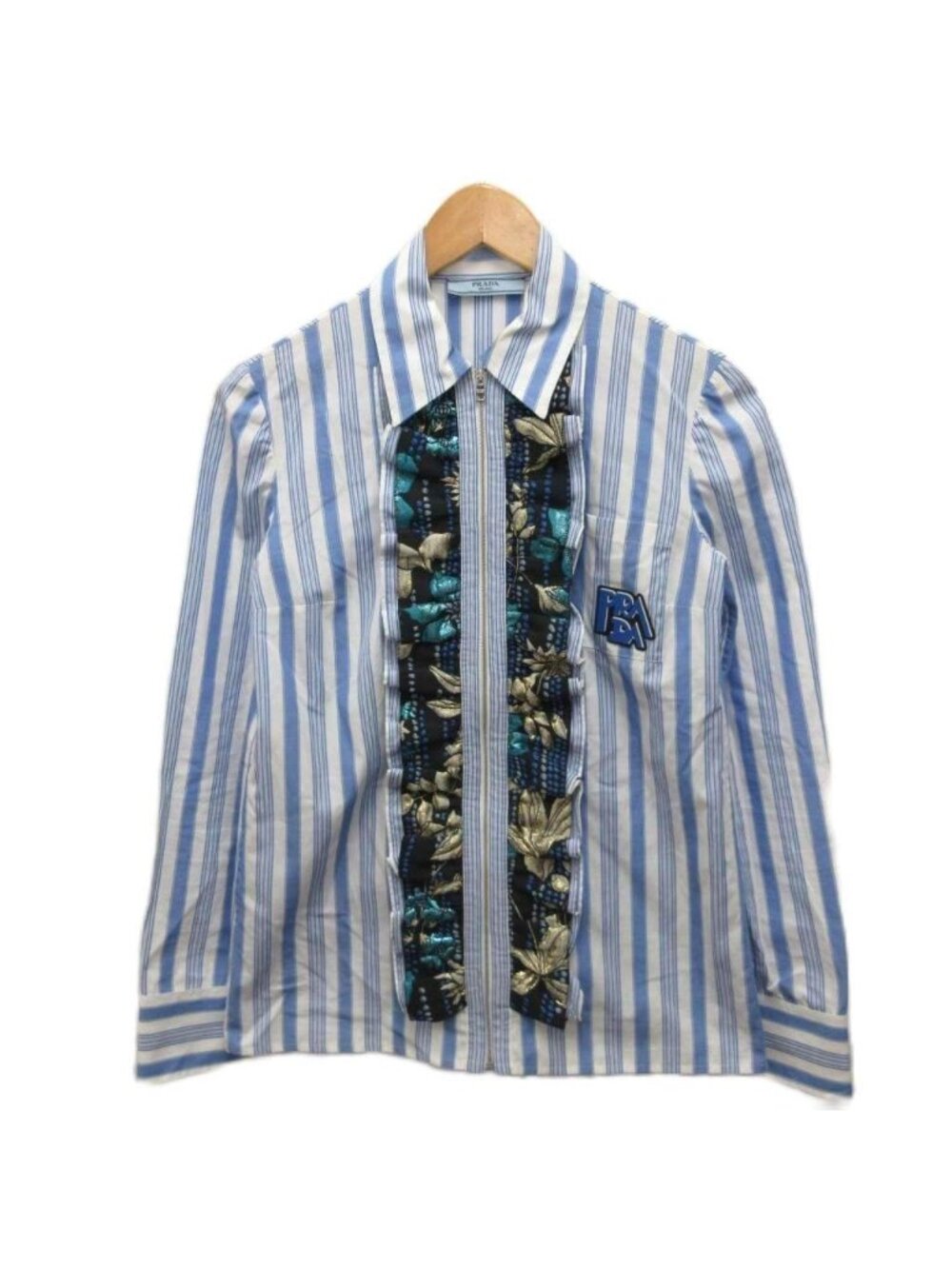 Prada Zip Shirt Long Sleeve Striped Ruffle Logo Print 36 Light Blue White